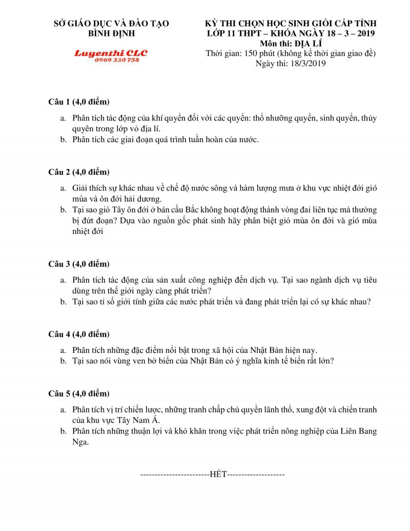 Đề thi chọn HSG môn Địa Lí lớp 10 tỉnh Bình Định năm 2019