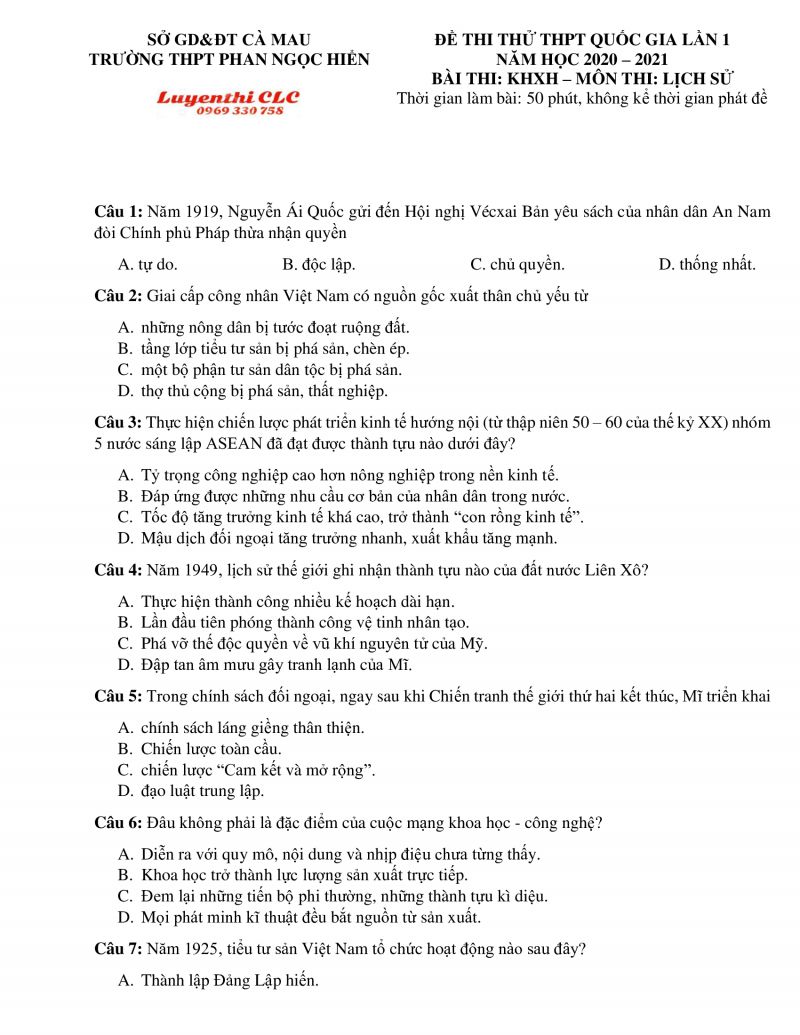 Đề thi tử THPT Quốc Gia lần 1 m&ocirc;n Lịch Sử Trường THPT Phan Ngọc Hiển, tỉnh C&agrave; Mau năm 2020