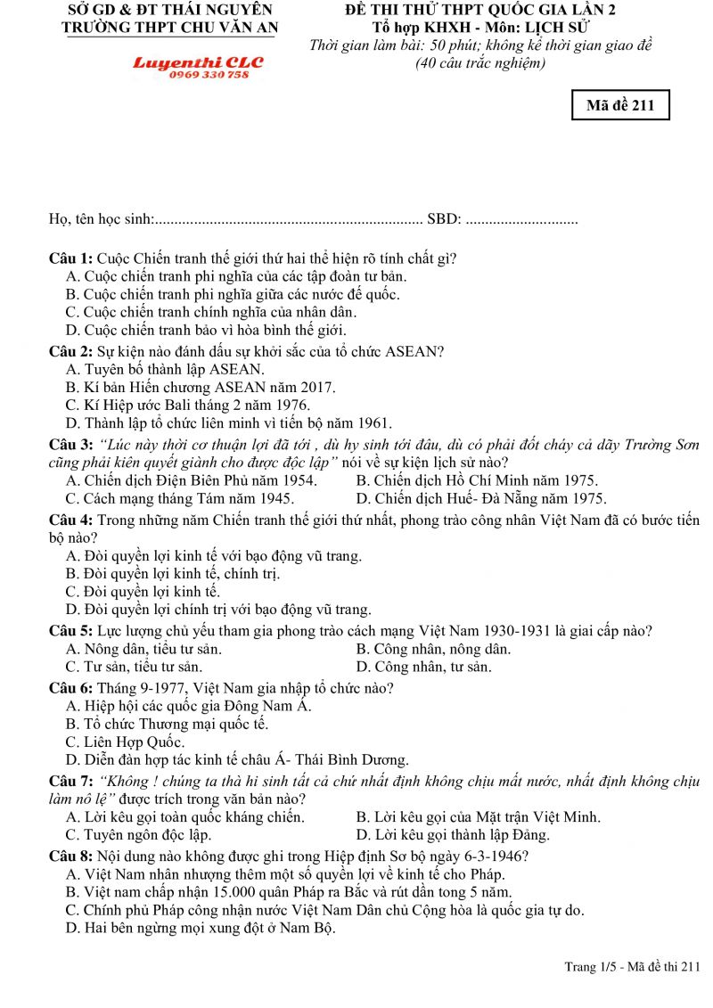 Đề thi thử THPT Quốc Gia lần 2 môn Lịch Sử - mã đề 211 Trường THPT Chu Văn An tỉnh Thái Nguyên