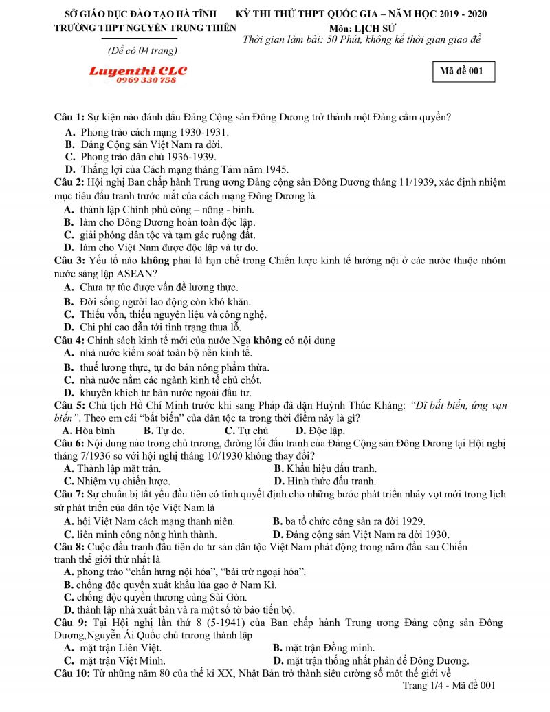 Đề thi thử THPT Quốc Gia m&ocirc;n Lịch Sử - m&atilde; đề 001 Trường THPT Nguyễn Trung Thi&ecirc;n, tỉnh H&agrave; Tĩnh năm 2019