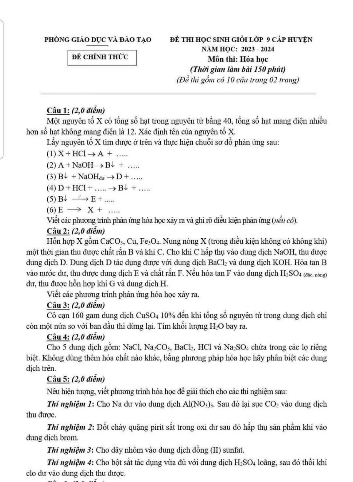 Đề thi HSG v&agrave; đ&aacute;p &aacute;n m&ocirc;n H&oacute;a Học lớp 9 năm 2023