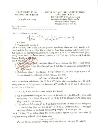 Đề thi thử vào 10 môn Toán chung trường THPT chuyên- ĐHSP Hà Nội năm 2024
