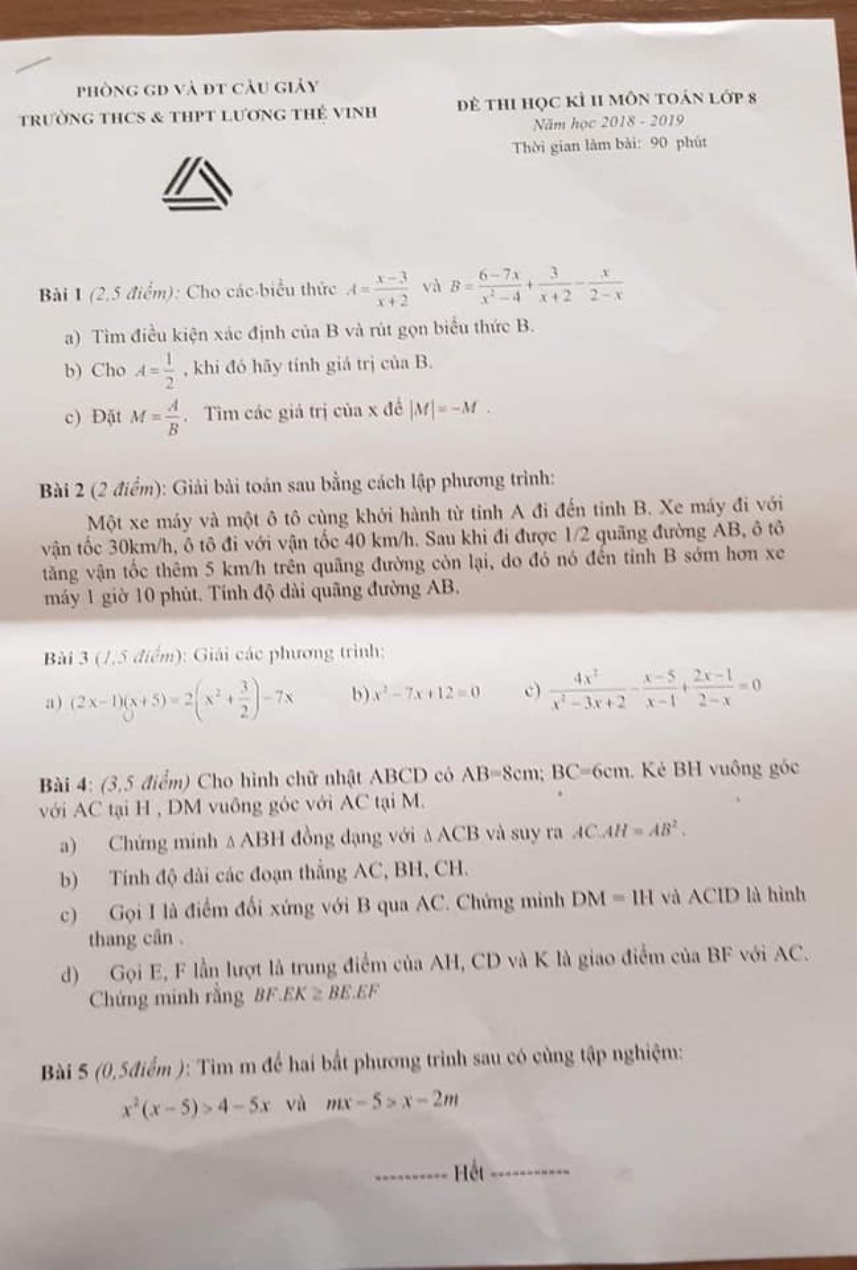 Đề thi học kì II môn Toán lớp 8 Trường THCS &amp; THPT Lương Thế Vinh, Cầu Giấy, Hà Nội năm 2018