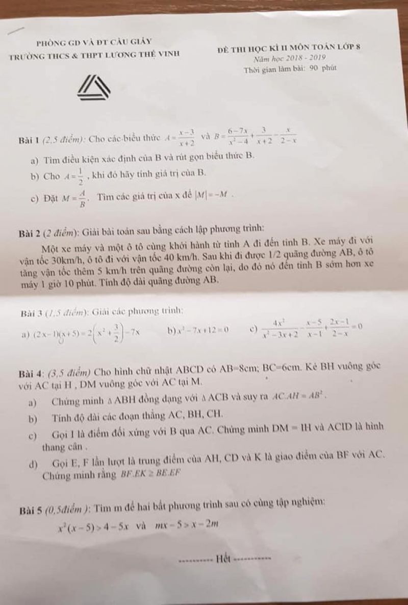 Đề thi học kì II môn Toán lớp 8 Trường THCS &amp; THPT Lương Thế Vinh, Cầu Giấy, Hà Nội năm 2018