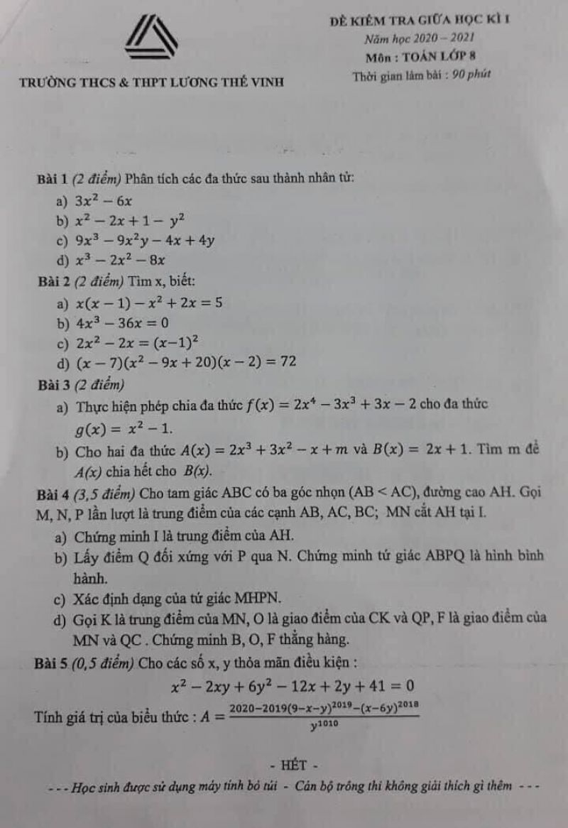 Đề kiểm tra giữa học k&igrave; I m&ocirc;n To&aacute;n lớp 8 Trường THCS &amp; THPT Lương Thế Vinh  năm 2020