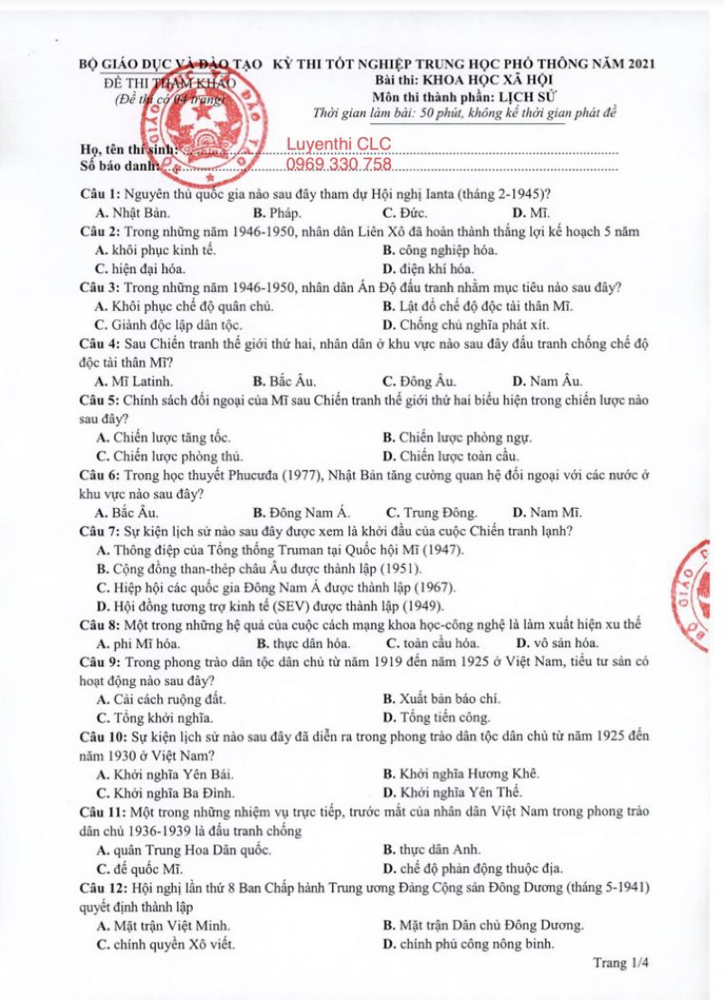 Đề thi tốt nghiệp trung học phổ thông môn Lịch Sử năm 2021 (Đề tham khảo)