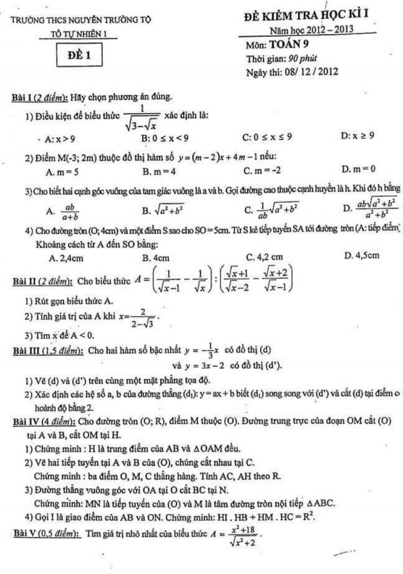 Đề kiểm tra học kì I môn Toán Trường THCS Nguyễn Trường Tộ năm 2012