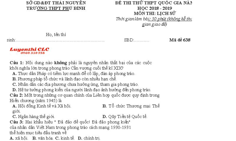 Đề thi thử THPT Quốc Gia môn Lịch Sử  tỉnh Thái Nguyên năm 2018
