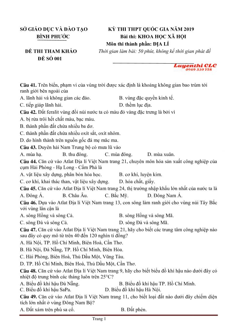 Tuyển tập c&aacute;c đề thi THPT Quốc Gia v&agrave; đ&aacute;p &aacute;n m&ocirc;n Địa L&yacute; tỉnh B&igrave;nh Phước năm 2019