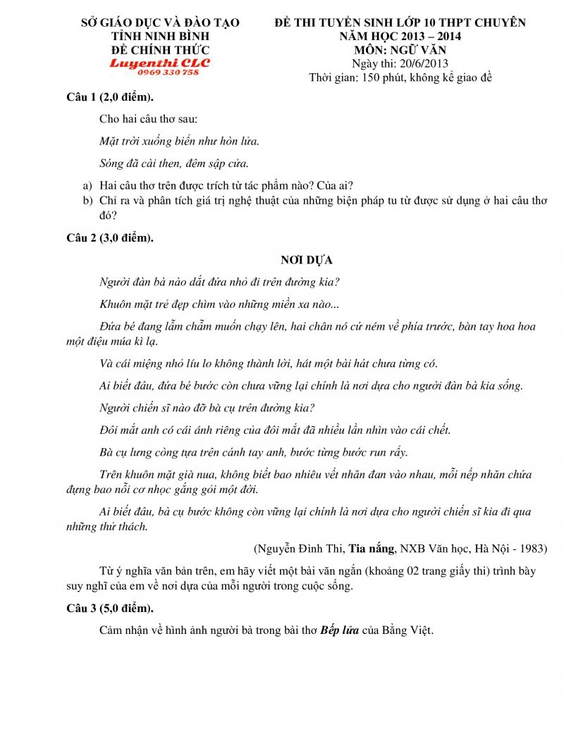 Đề thi tuyển sinh vào lớp 10 THPT CHUYÊN môn Ngữ Văn tỉnh Ninh Bình năm 2013