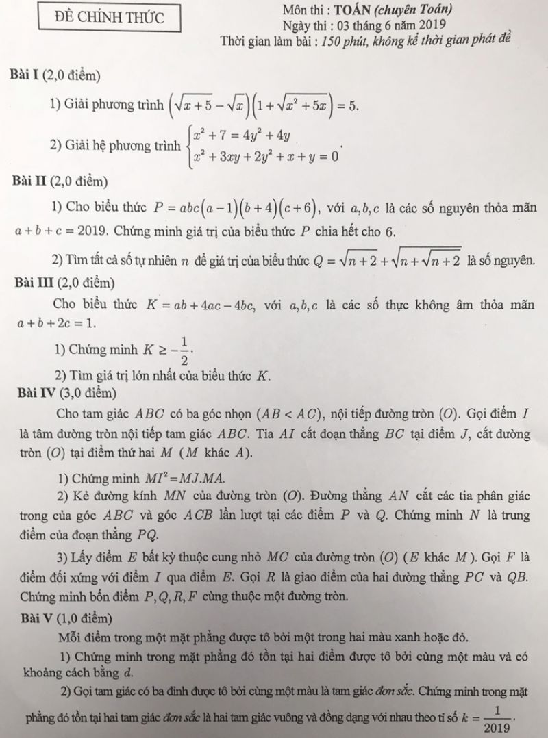 Đề thi tuyển sinh vào lớp 10 THPT CHUYÊN môn Toán năm 2019