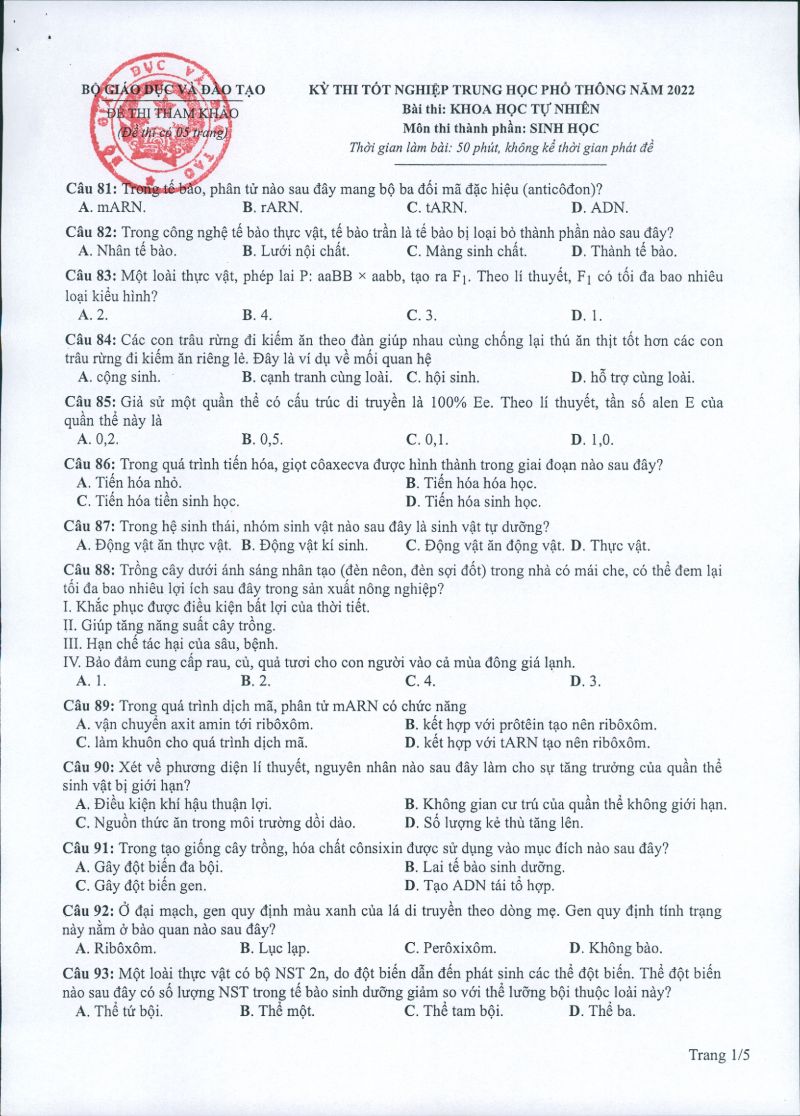 Đề thi tốt nghiệp THPT môn Sinh Học năm 2022 (Đề minh họa)