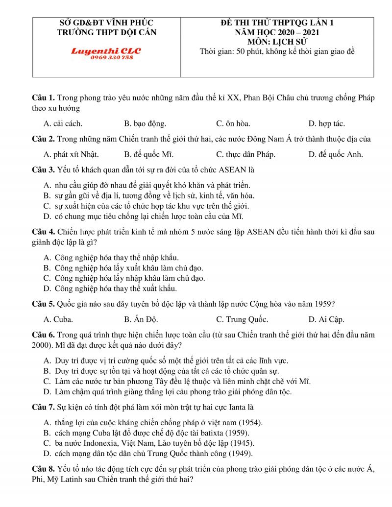Đề thi thử THPT lần 1 môn Lịch Sử Trường THPT Đội Cấn, tỉnh Vình Phúc năm 2021