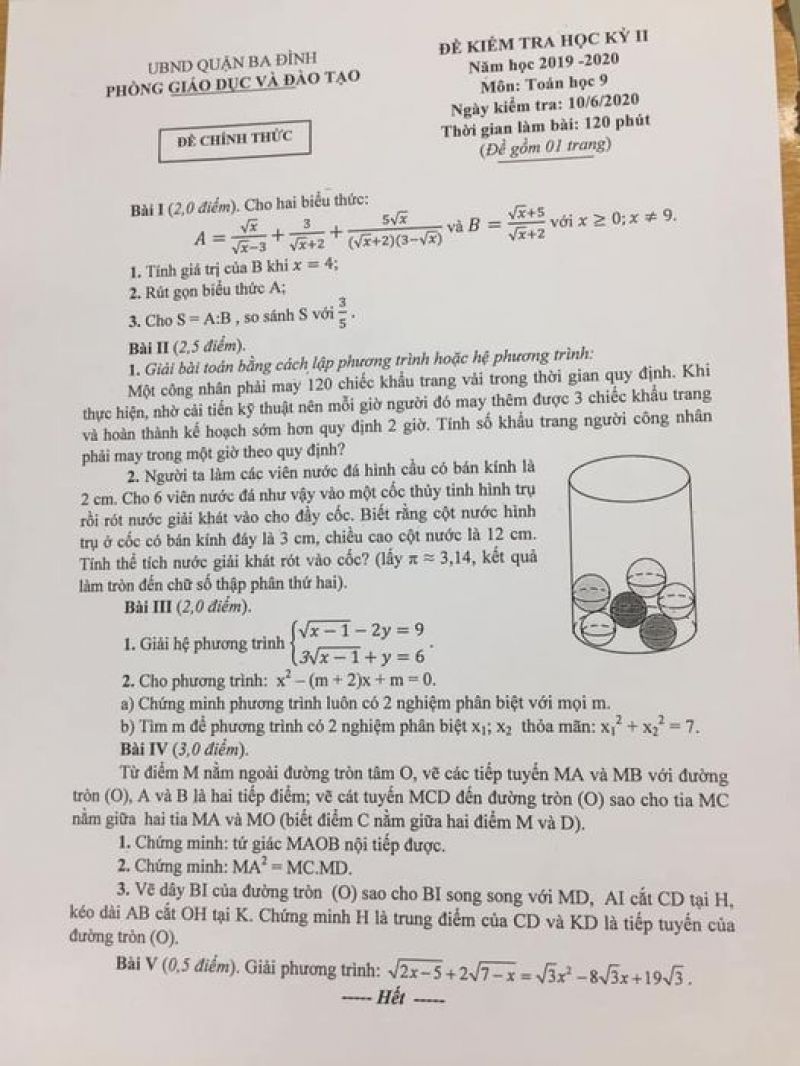 Đề kiểm tra chất lượng học kì II môn Toán 9 Quận Ba Đình, Hà Nội ngày 10/06/2020