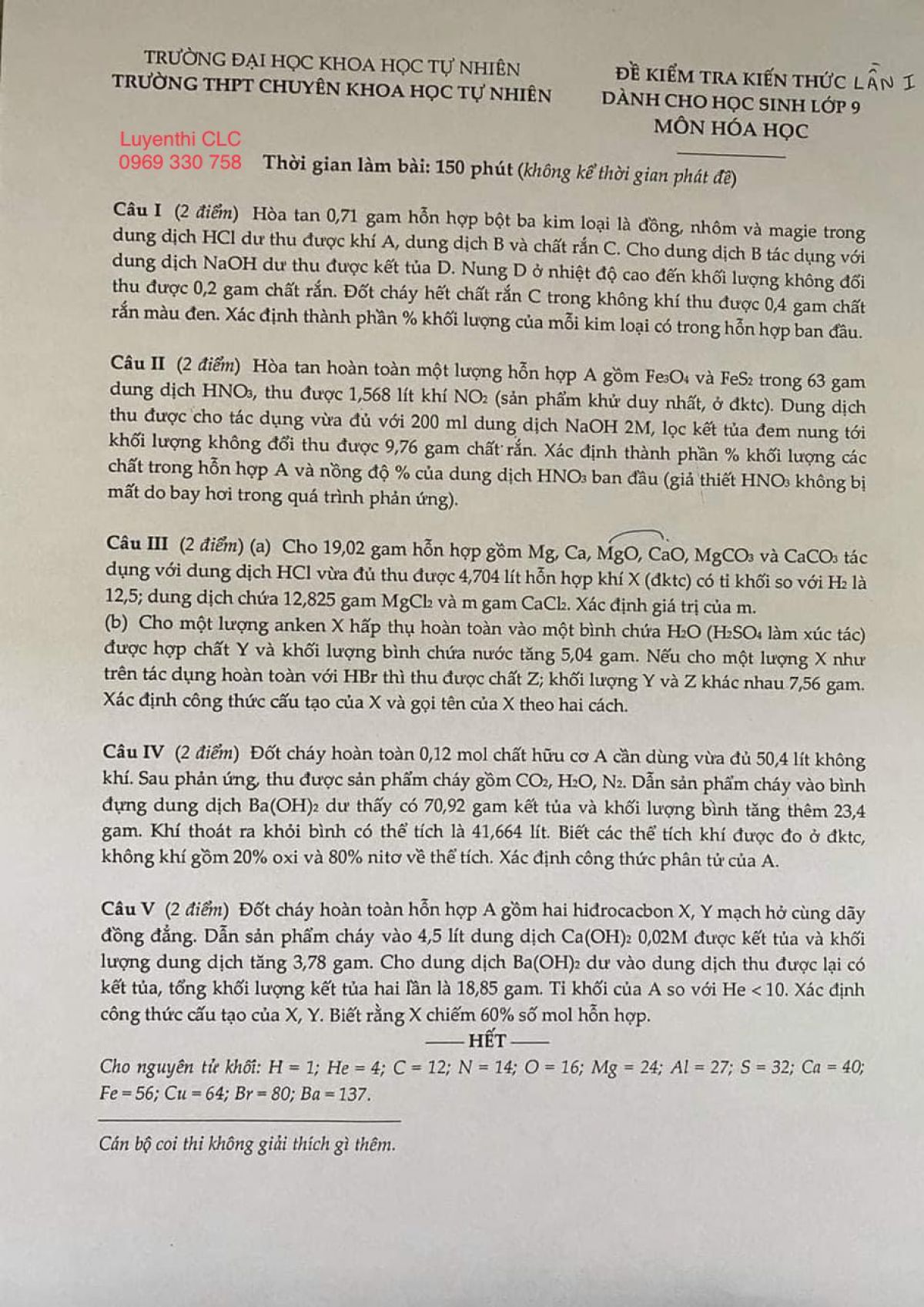 Đề kiểm tra kiến thức lần I môn Hóa Học lớp 9 Trường THPT CHUYÊN Khoa học Tự nhiên, Hà Nội