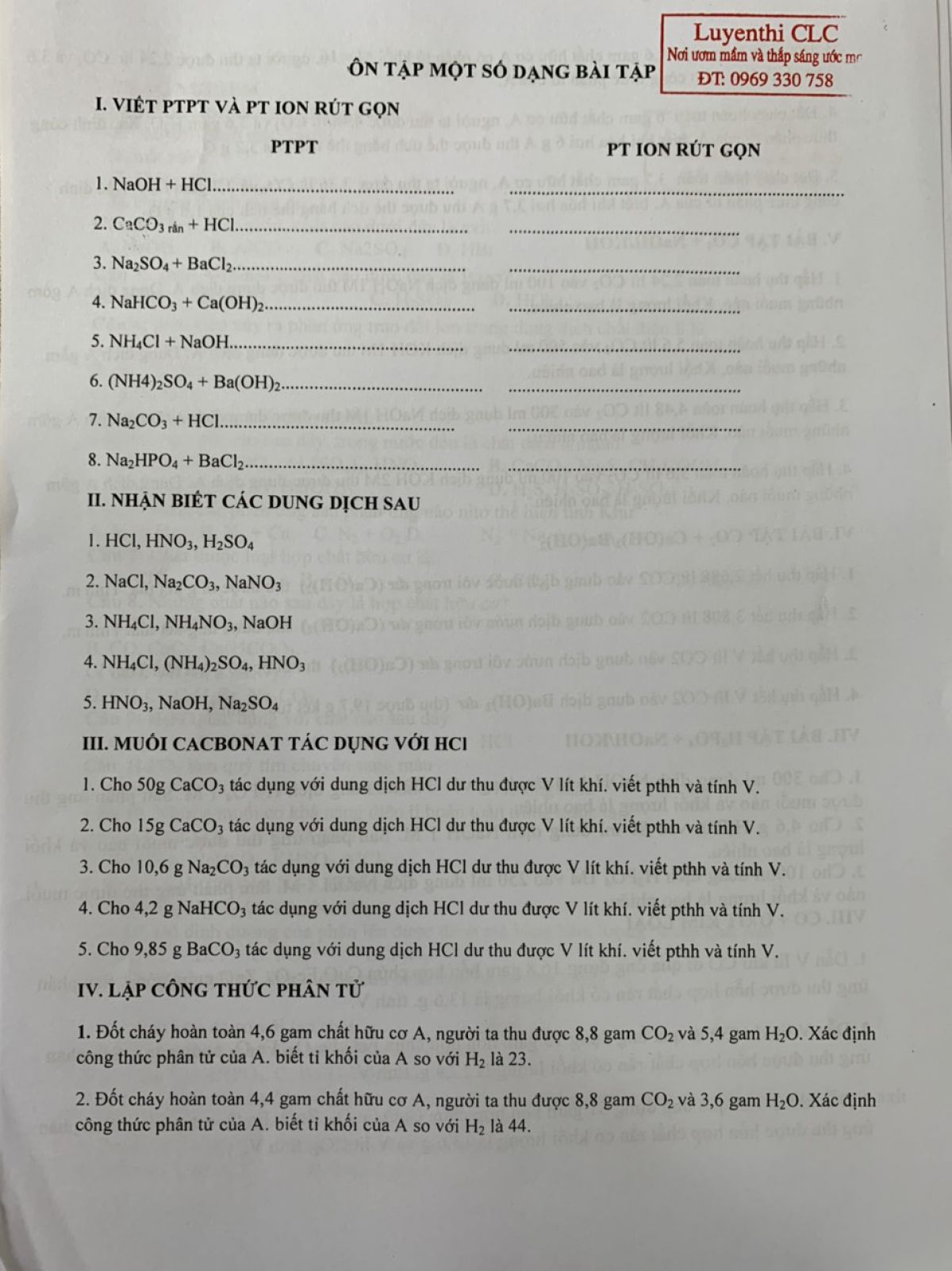 &Ocirc;n tập một số dạng b&agrave;i tập H&oacute;a Học