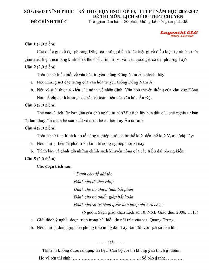 Đề thi chọn HSG môn Lịch Sử lớp 10 Trường THPT CHUYÊN tỉnh Vĩnh Phúc năm 2016