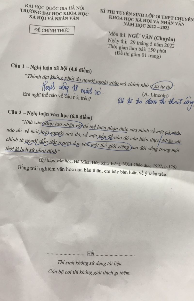 Đề thi tuyển sinh v&agrave;o lớp 10 m&ocirc;n Ngữ Văn THPT CHUY&Ecirc;N Trường Đại học Khoa học X&atilde; hội v&agrave; Nh&acirc;n văn H&agrave; Nội năm 2022