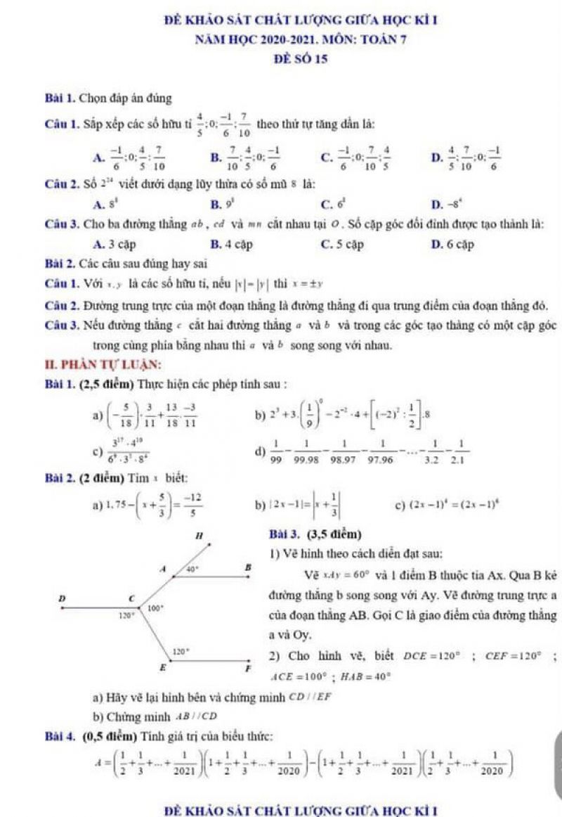 Đề thi khảo sát chất lượng giữa học kì I môn Toán lớp 7 năm 2021. Đề số 15