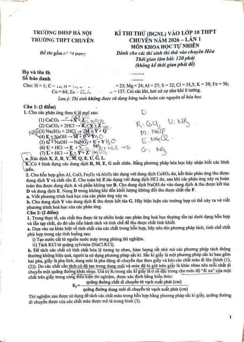 Đề thi thử chuy&ecirc;n sư phạm m&ocirc;n H&oacute;a lần 1 năm 2026
