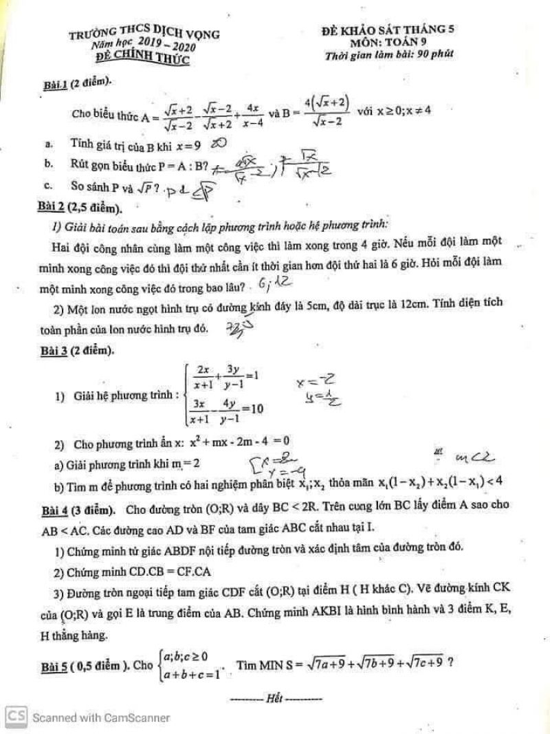 Đề khảo sát tháng 5 môn Toán lớp 9 Trường THCS Dịch Vọng năm 2019