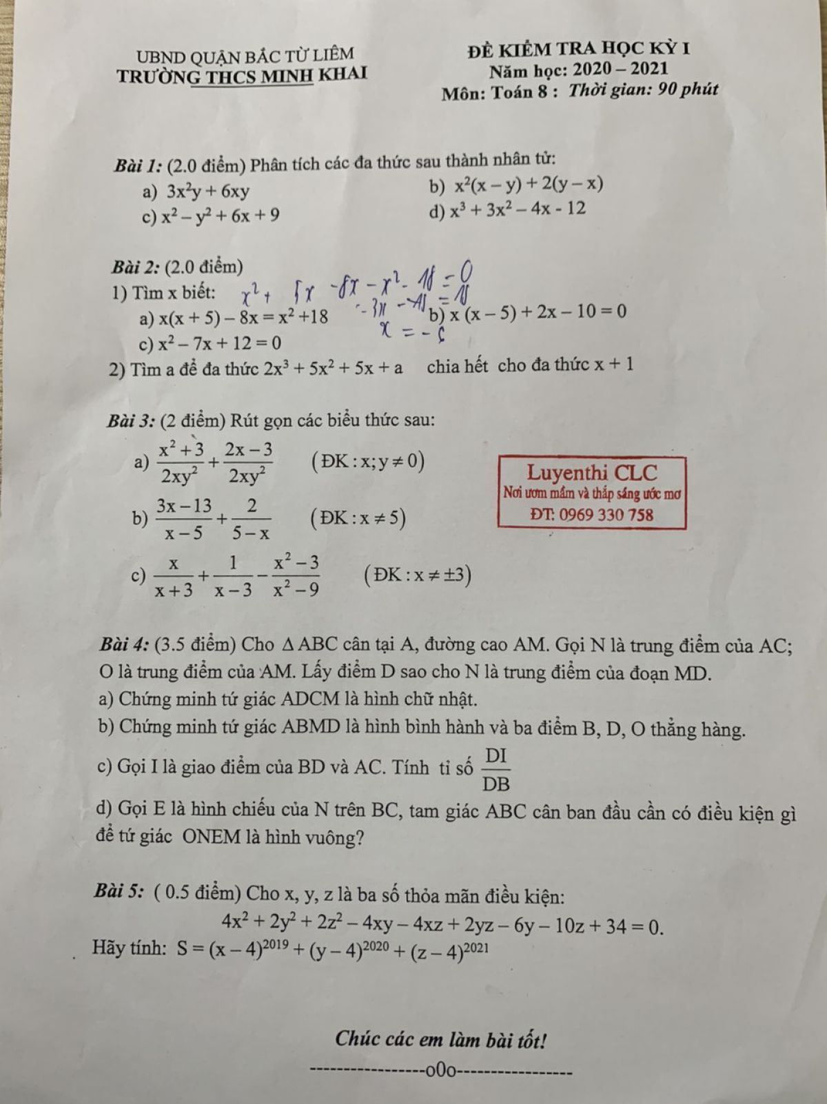 Đề kiểm tra cuối học kì I môn Toán lớp 8 Trường THCS Minh Khai, quận Bắc Từ Liêm, Hà Nội năm 2020