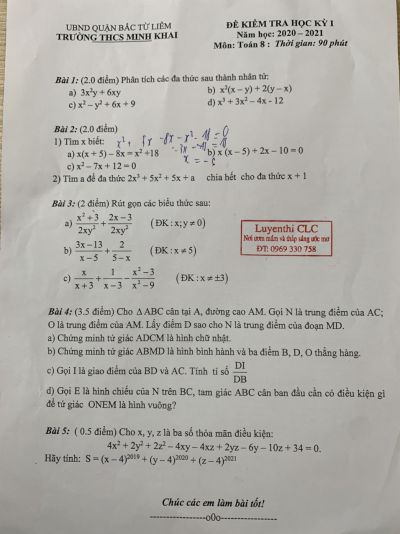 Đề kiểm tra cuối học kì I môn Toán lớp 8 Trường THCS Minh Khai, quận Bắc Từ Liêm, Hà Nội năm 2020