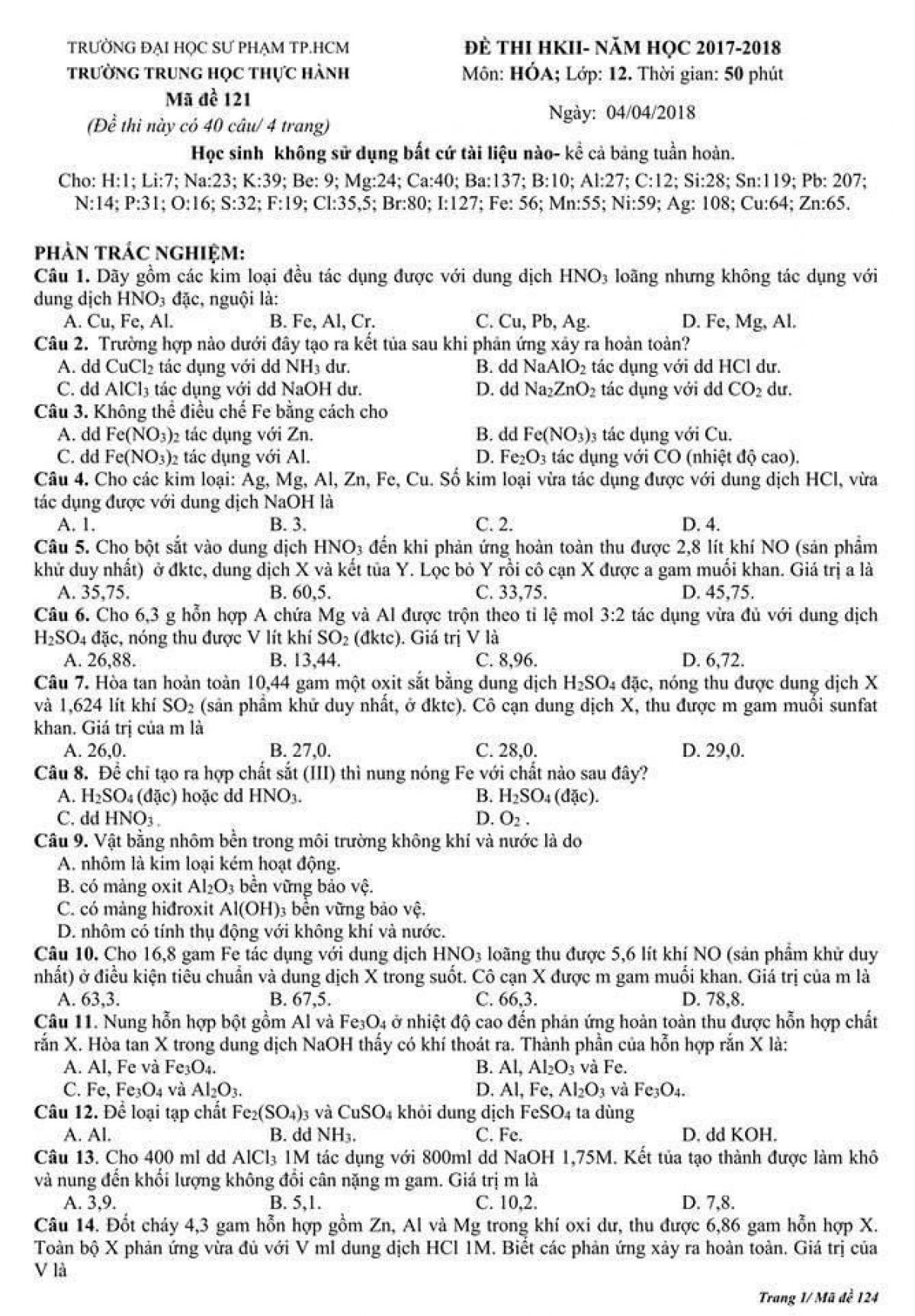Đề thi học k&igrave; II m&ocirc;n H&oacute;a Học lớp 12 Trường Trung học thực h&agrave;nh, Th&agrave;nh phố Hồ Ch&iacute; Minh năm 2018