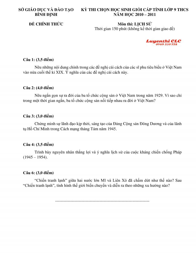 Đề thi chọn HSG môn Lịch Sử lớp 9 tỉnh Bình Định năm 2011