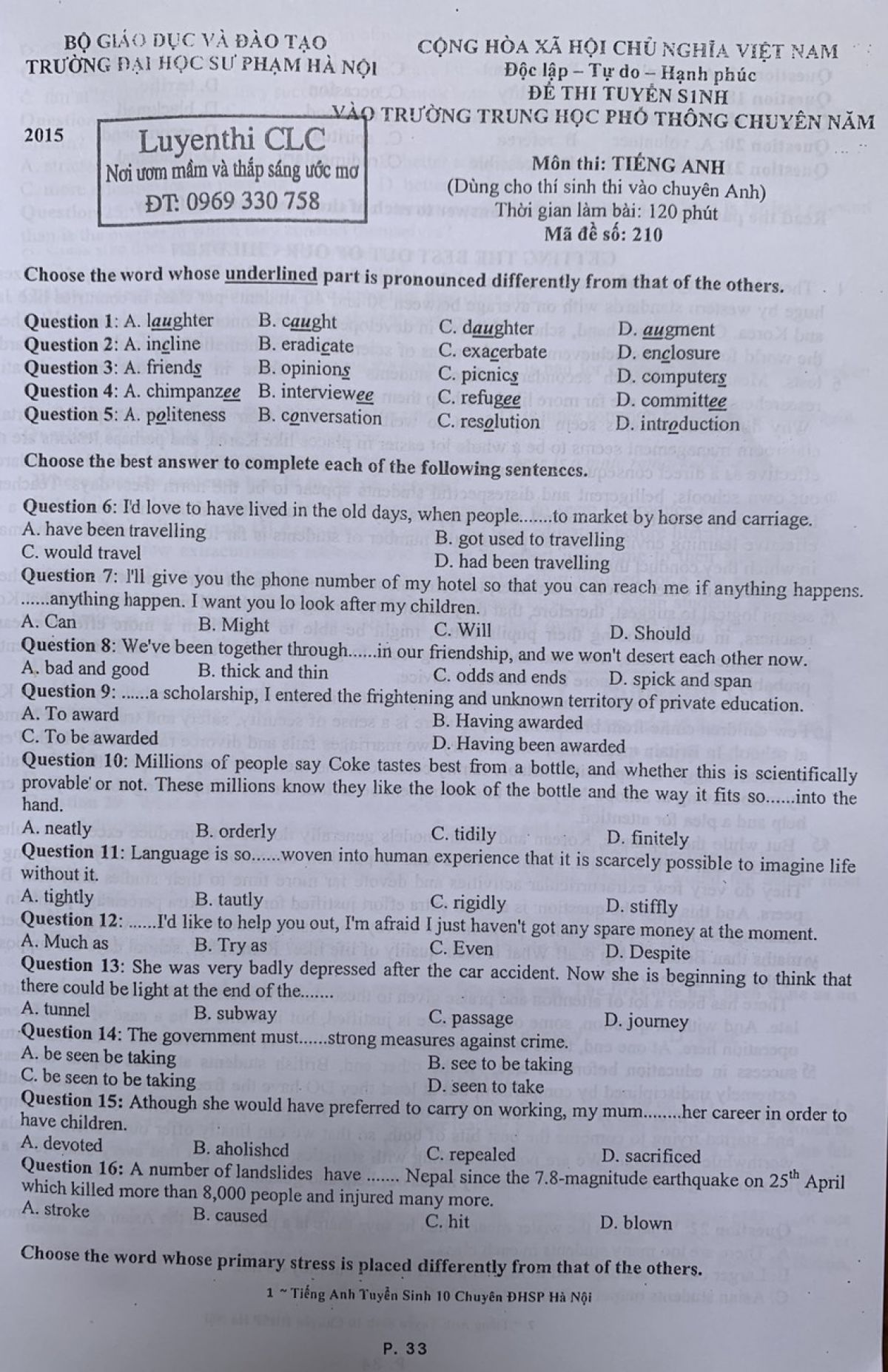 Đề thi tuyển sinh v&agrave;o Trường THPT CHUY&Ecirc;N v&agrave; đ&aacute;p &aacute;n m&ocirc;n Tiếng Anh Trường Đại học Sư phạm H&agrave; Nội năm 2015