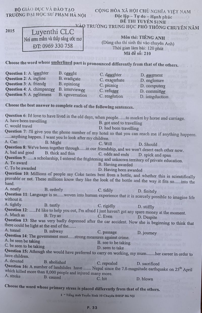 Đề thi tuyển sinh vào Trường THPT CHUYÊN và đáp án môn Tiếng Anh Trường Đại học Sư phạm Hà Nội năm 2015