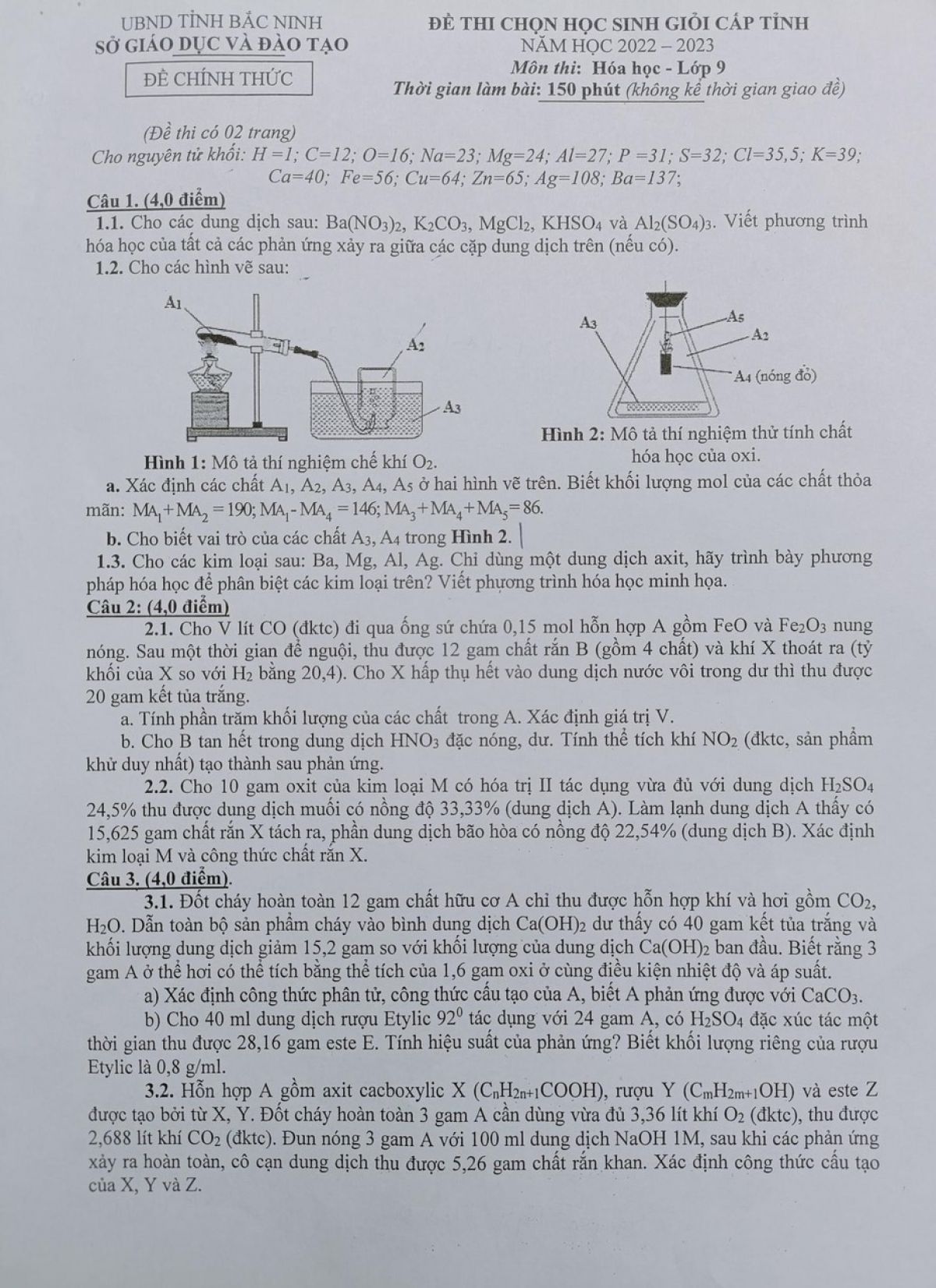 Đề thi chọn HSG m&ocirc;n H&oacute;a Học lớp 9 tỉnh Bắc Ninh năm 2023