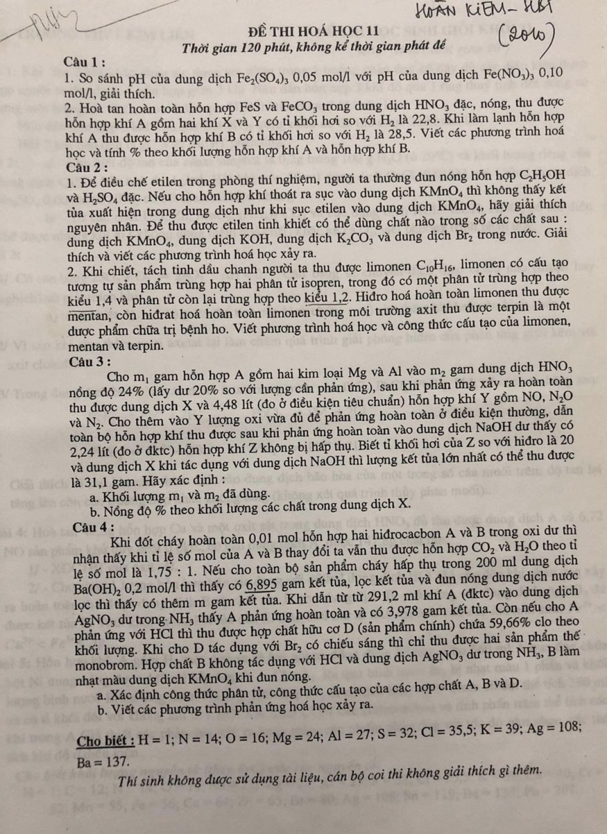 Đề thi m&ocirc;n H&oacute;a Học lớp 11 Cụm Ho&agrave;n Kiếm - Hai B&agrave; Trưng, H&agrave; Nội năm 2010