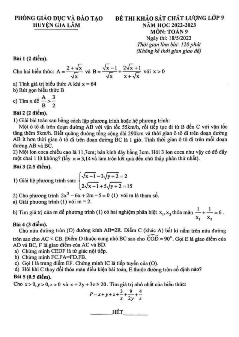 Đề thi khảo sát chất lượng môn Toán lớp 9 huyện Gia Lâm, Hà Nội năm 2023