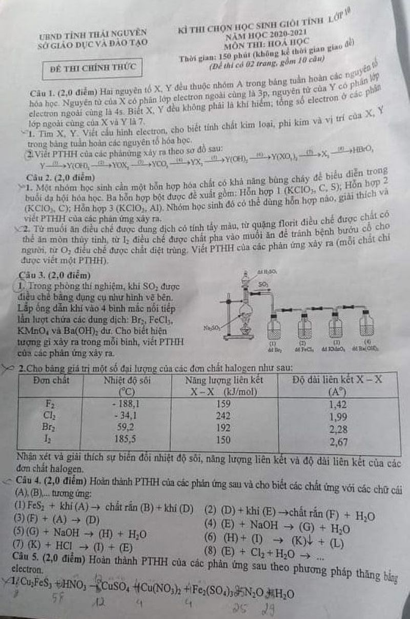Đề thi chọn HSG môn Hóa Học lớp 10 tỉnh Thái Nguyên năm 2021