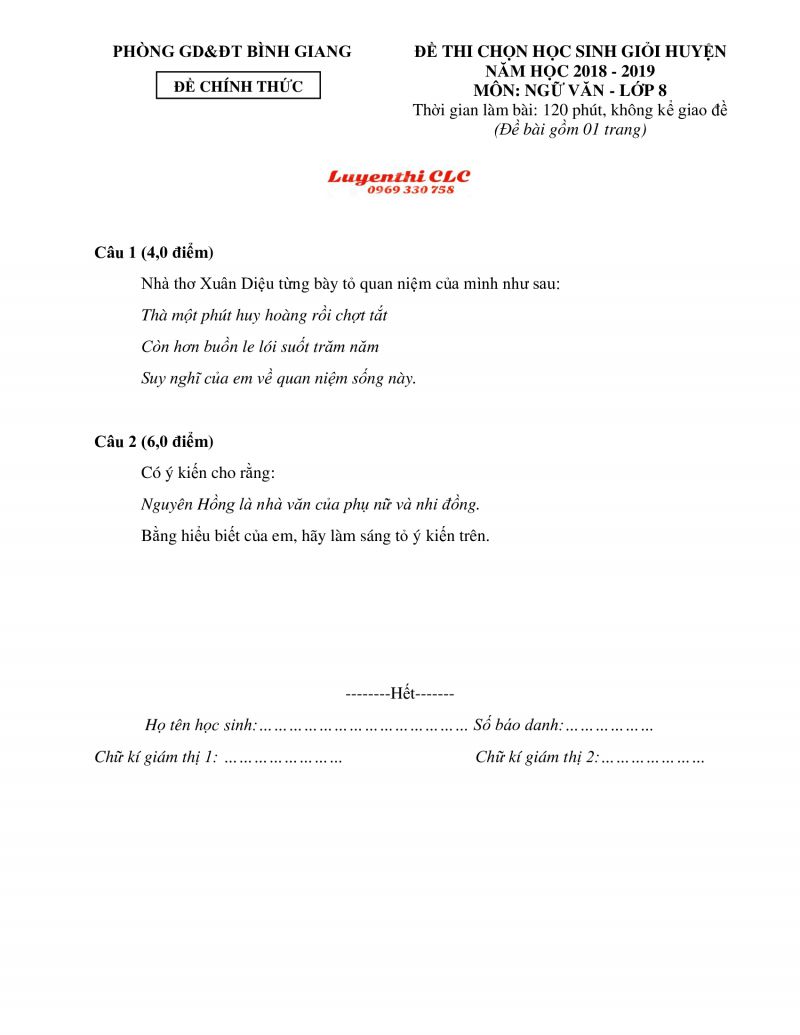 Đề thi chọn HSG huyện môn Ngữ Văn lớp 8 huyện Bình Giang, tỉnh Hải Dương năm 2018