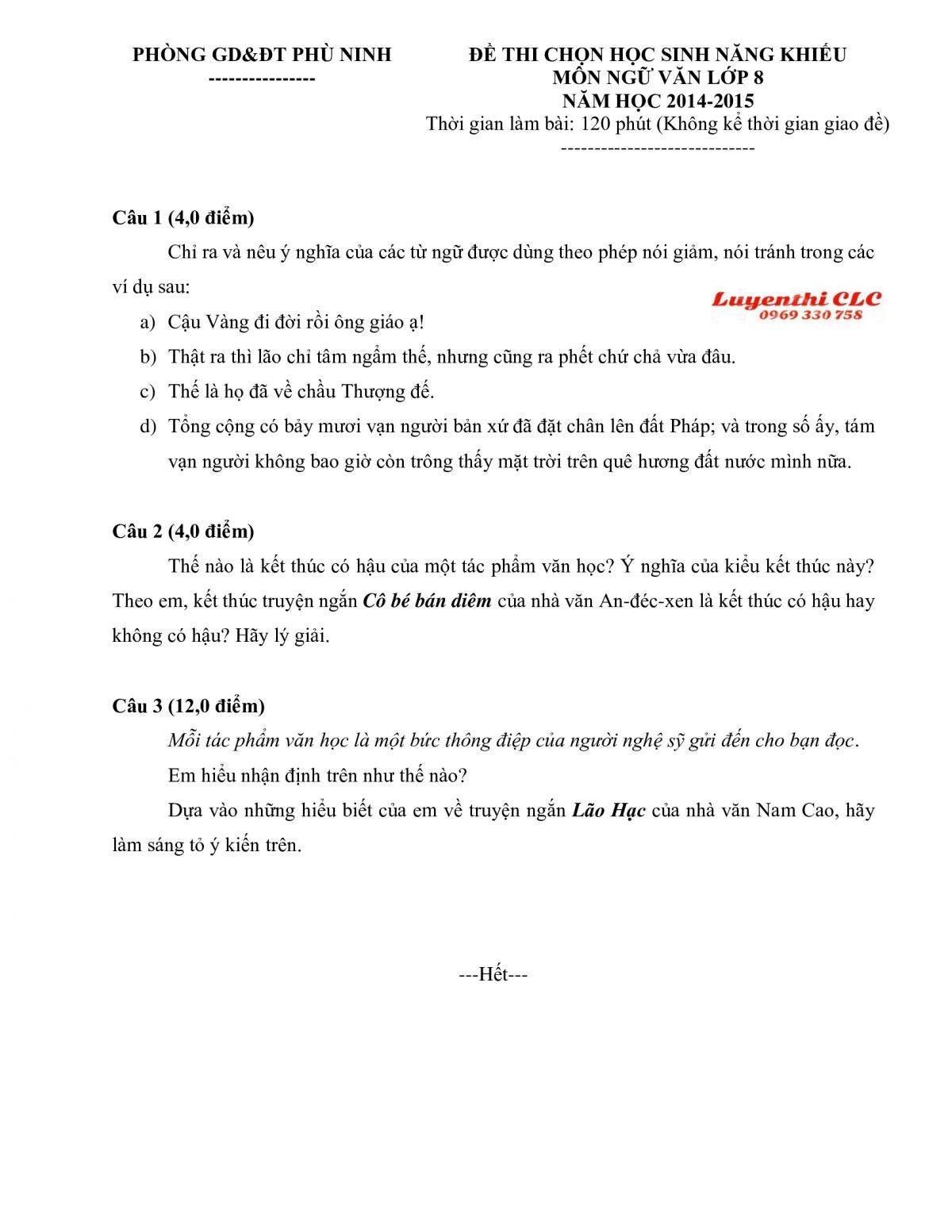 Đề thi chọn học sinh năng khiếu m&ocirc;n Ngữ Văn lớp 8 huyện Ph&ugrave; Ninh tỉnh Ph&uacute; Thọ năm 2014