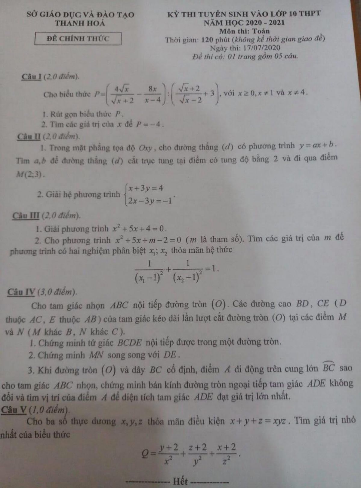 Đề thi m&ocirc;n To&aacute;n- tuyển sinh v&agrave;o lớp 10 THPT tỉnh Thanh Ho&aacute; năm 2020