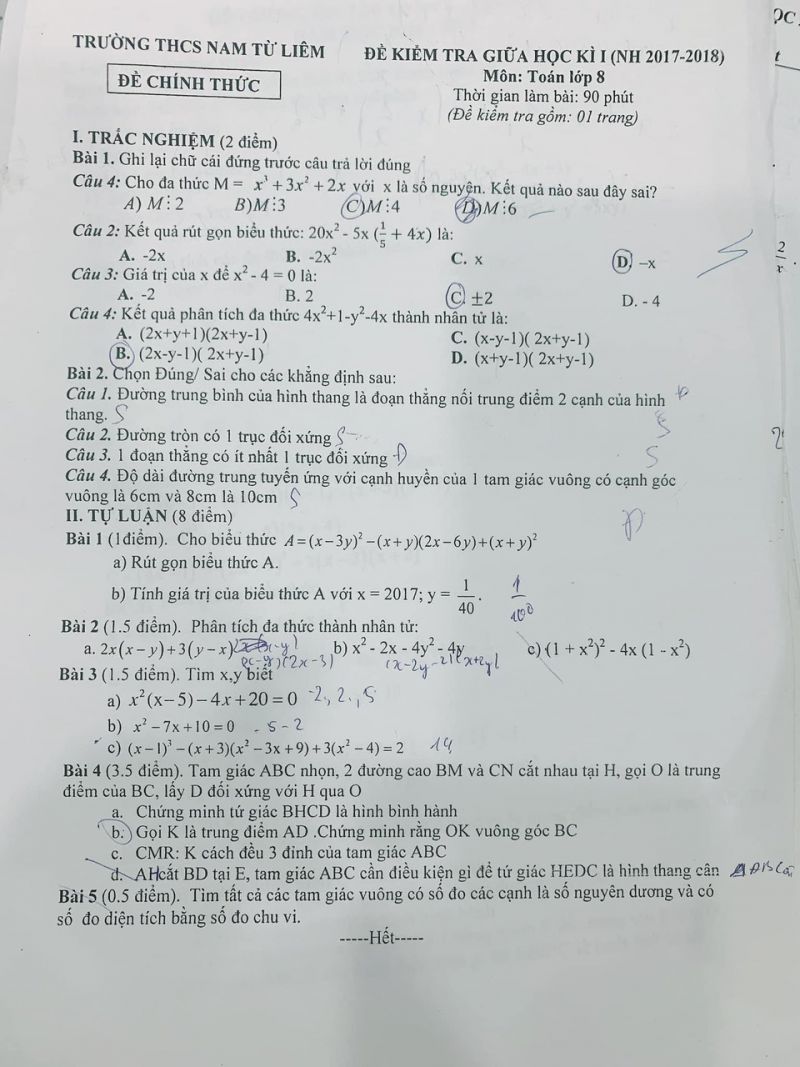 Đề kiểm tra giữa học kì I môn Toán lớp 8 Trường THCS Nam Từ Liêm năm 2017