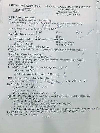 Đề kiểm tra giữa học kì I môn Toán lớp 8 Trường THCS Nam Từ Liêm năm 2017