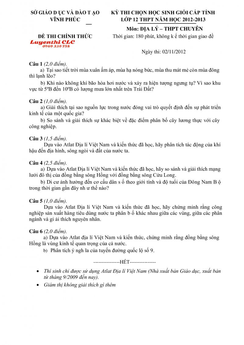 Đề thi chọn HSG cấp tỉnh lớp 12 THPT môn Địa Lý tỉnh Vĩnh Phúc năm 2012