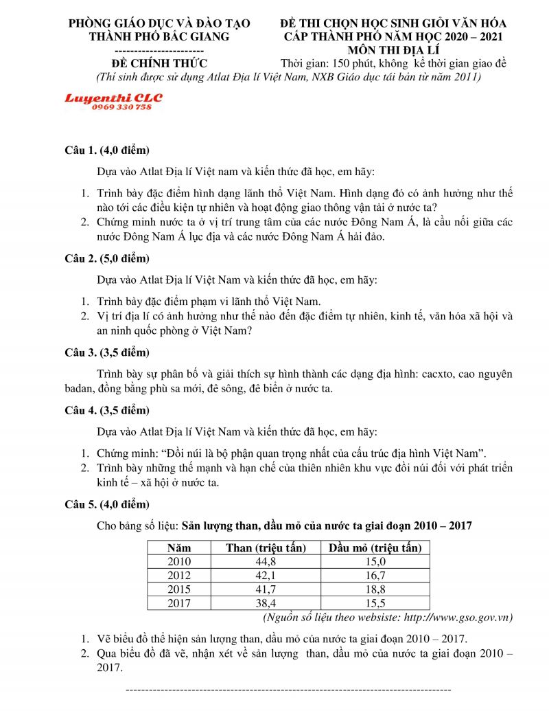 Đề thi chọn HSG môn Địa Lí tỉnh Bắc Giang năm 2021