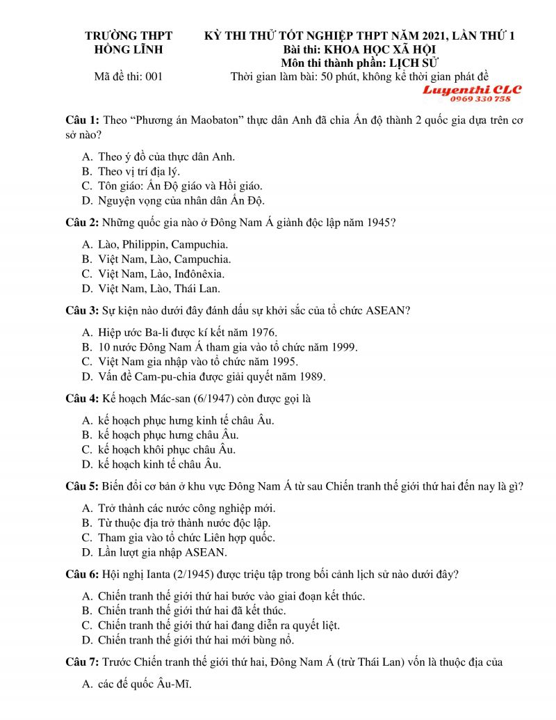 Đề thi thử tốt nghiệp THPT Quốc Gia môn Lịch Sử lần thứ 1 Trường THPT Hồng Lĩnh, tỉnh Hà Tĩnh năm 2021