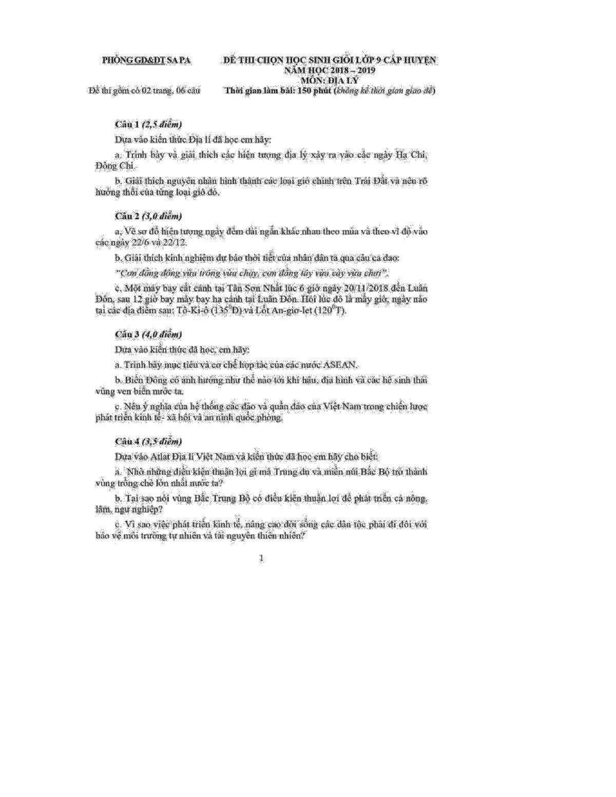 Đề thi chọn HSG lớp 9 cấp huyện v&agrave; đ&aacute;p &aacute;n m&ocirc;n Địa L&iacute; tại Sapa, L&agrave;o Cai năm 2018