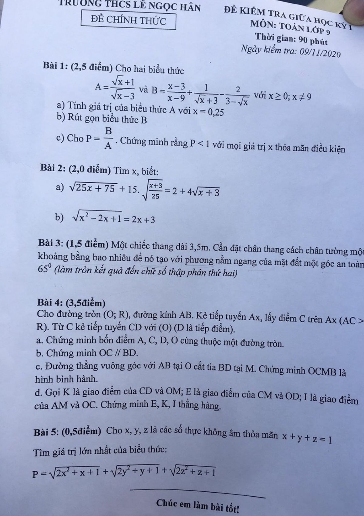 Đề kiểm tra giữa kì I môn Toán lớp 9 Trường THCS Lê Ngọc Hân năm 2020