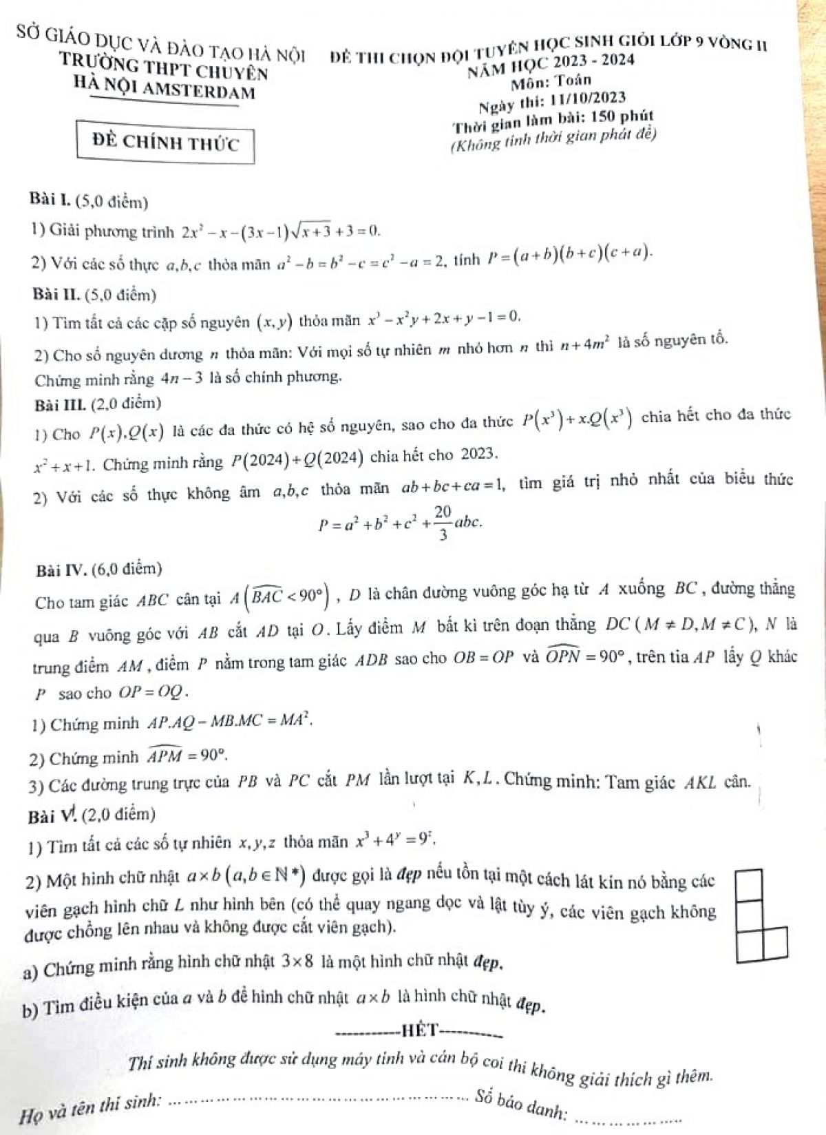 Đề thi chọn HSG m&ocirc;n To&aacute;n lớp  9 - V&ograve;ng 2 Trường THPT Chuy&ecirc;n H&agrave; Nội Amsterdam năm 2023