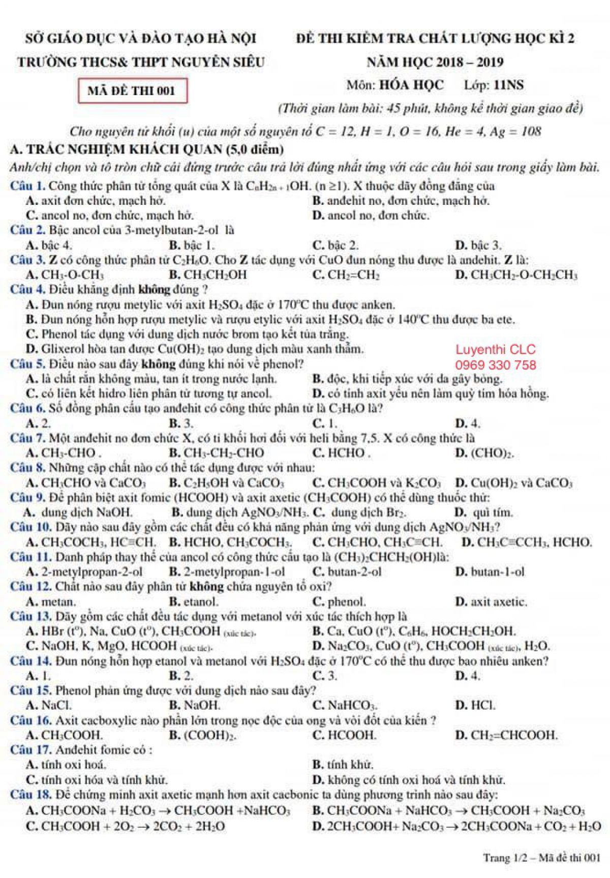 Đề kiểm tra chất lượng học kì II môn Hóa Học Trường THCS &amp; THPT Nguyễn Siêu, Hà Nội năm 2019