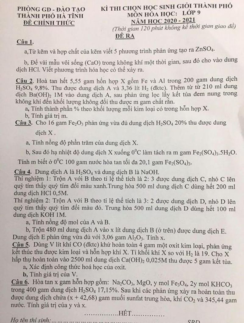 Đề thi chọn HSG môn Hóa Học lớp 9 tại Hà Tĩnh năm 2021