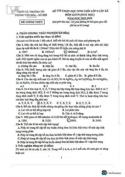 Đề thi chọn HSG lớp 9 x&atilde; Thường T&iacute;n năm 2025-2026 m&ocirc;n H&oacute;a