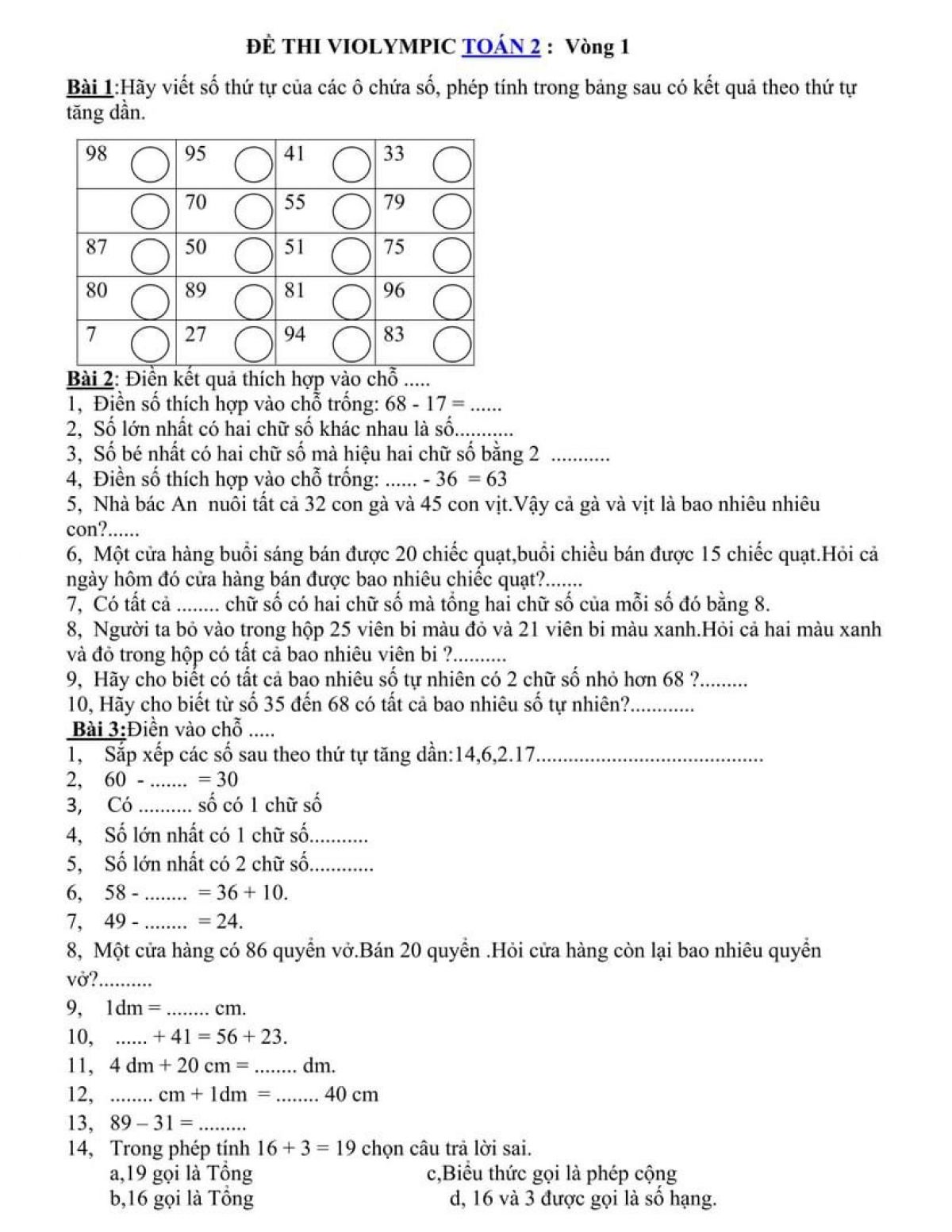 Tuyển tập đề thi Olympic m&ocirc;n To&aacute;n lớp 2